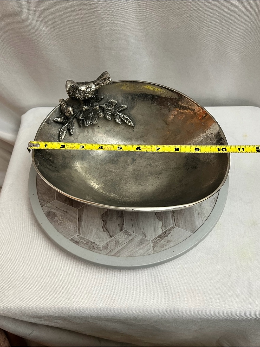 Vintage Silver Tone Bird & Floral Decorative Bowl Centerpiece 11” - Picture 5 of 7